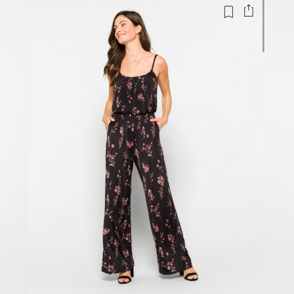 Kaileigh Pants - Kaileigh Women's Size Large Adalia Knit Black Floral Wide Leg Jumpsuit